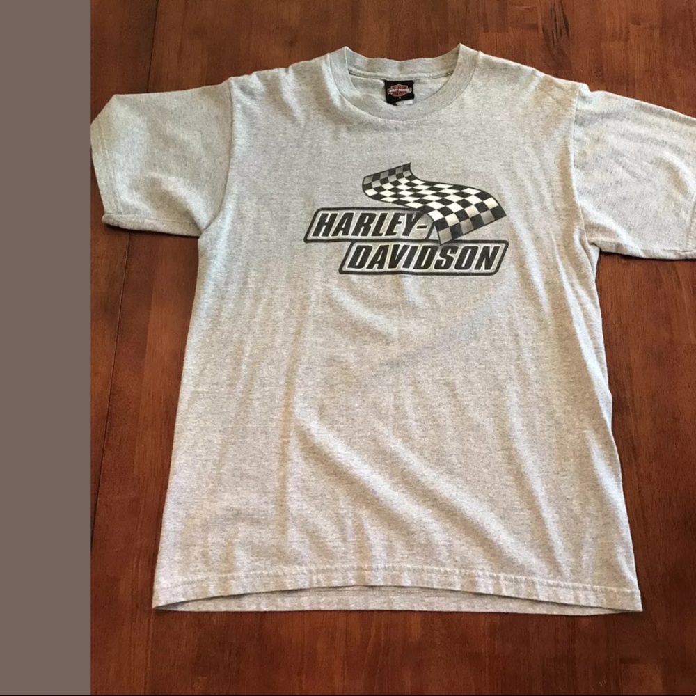 HARLEY-DAVIDSON Checkered Flag Tee Greenville SC Gray  Motorcycle Biker Racing